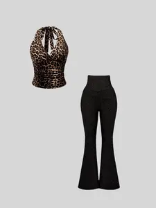 Two-Piece Set Women's Solid Ribbed Top & Flare Leg Pants Set, Casual Fashion Cozy Fitted Top & Bell Bottom Trousers for Daily Outdoor Wear, Ladies Clothes for Summer