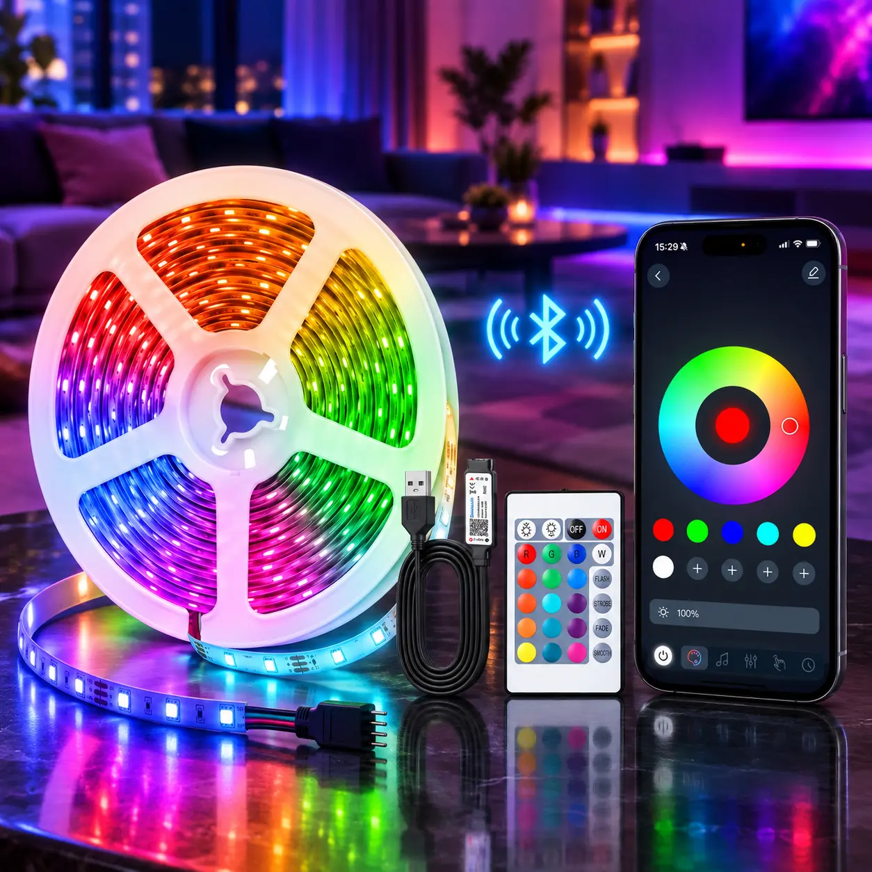 33FT Smart Led Strip Lights,RGB Music Sync Changing Colorful Lighting,Bluetooth Christmas Lights with Smart App and 24 Keys Remote Control Indoor Lighting for TV Backlight Room Decor