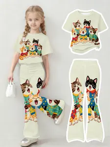 Girls Simple Solid Color T-Shirt Flared Pants Kids Loose Casual 2PCS Set