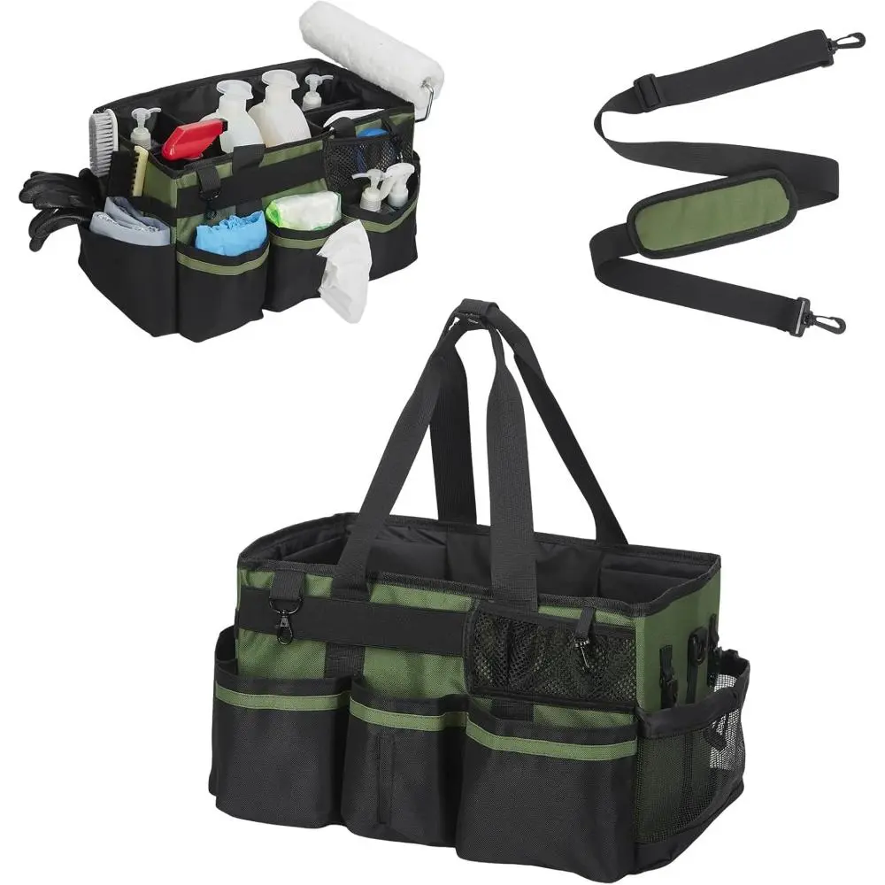 Extra Large Wearable Cleaning Caddy with Adjustable Shoulder Strap & Waist Belt, Heavy Duty Cleaning Supplies Organizer with Removable Divider, Waterproof Oxford Fabric Cleaning Tote