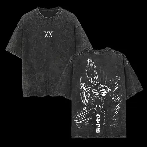 Women's Lady Retro Heavy Limited Gon Hunter X Hunter Anime Double-Printed Vintage Washed Short-Sleeve Round Neck Oversize Cotton T-Shirt, Everyday Unisex Heavyweight Tee Gift for Anime Fans