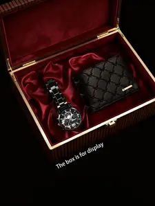 Stylish Quartz Watch with Textured Wallet, Quartz Watch Set, Fashionable Analog Face, Zinc Alloy Case, High-End Craftsmanship, All Seasons Wear