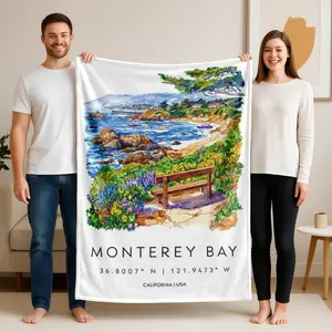 1 piece California Monterey Bay Coastal Scenery_1863_4185 themed flannel blanket - Flannel weaving craft blanket, modern style, suitable for sofas and beds, all-season use, super soft and warm, digital print design, 100% polyester material, machine