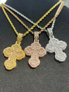 Four-Leaf Clover Cross Pendant Necklace for Men and Women, Small Full Diamond Brass Zircon Trendy Charm, Hip Hop Style Jewelry, Bling Stylish Accessory, Cuban Cross Necklace