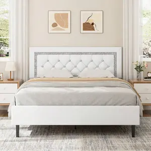Upholstered Bed Frame With Headboard, Modern Bed Frame With Diamond Tufted Headboard, PU Leather Bed Frame, No Box Spring Needed, Easy Assembly, White/ Black/ Pink, Twin/ Full/ Queen
