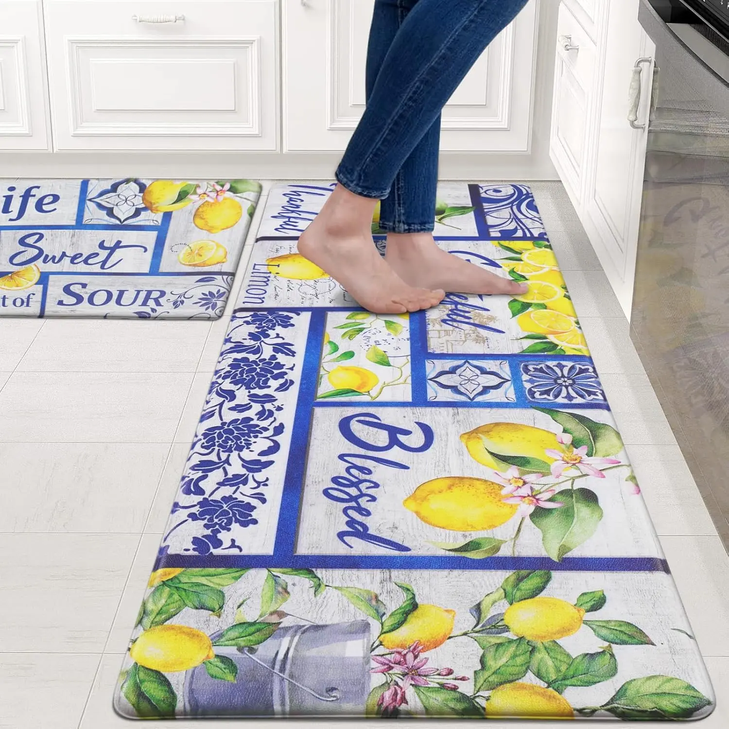 2-Piece PVC Soft Vinyl Kitchen Mats Set - Anti-Fatigue, Non-Slip, Lemon Motif, Washable for Kitchen Floors, 18''x30'' + 18''x48'', Two Pieces