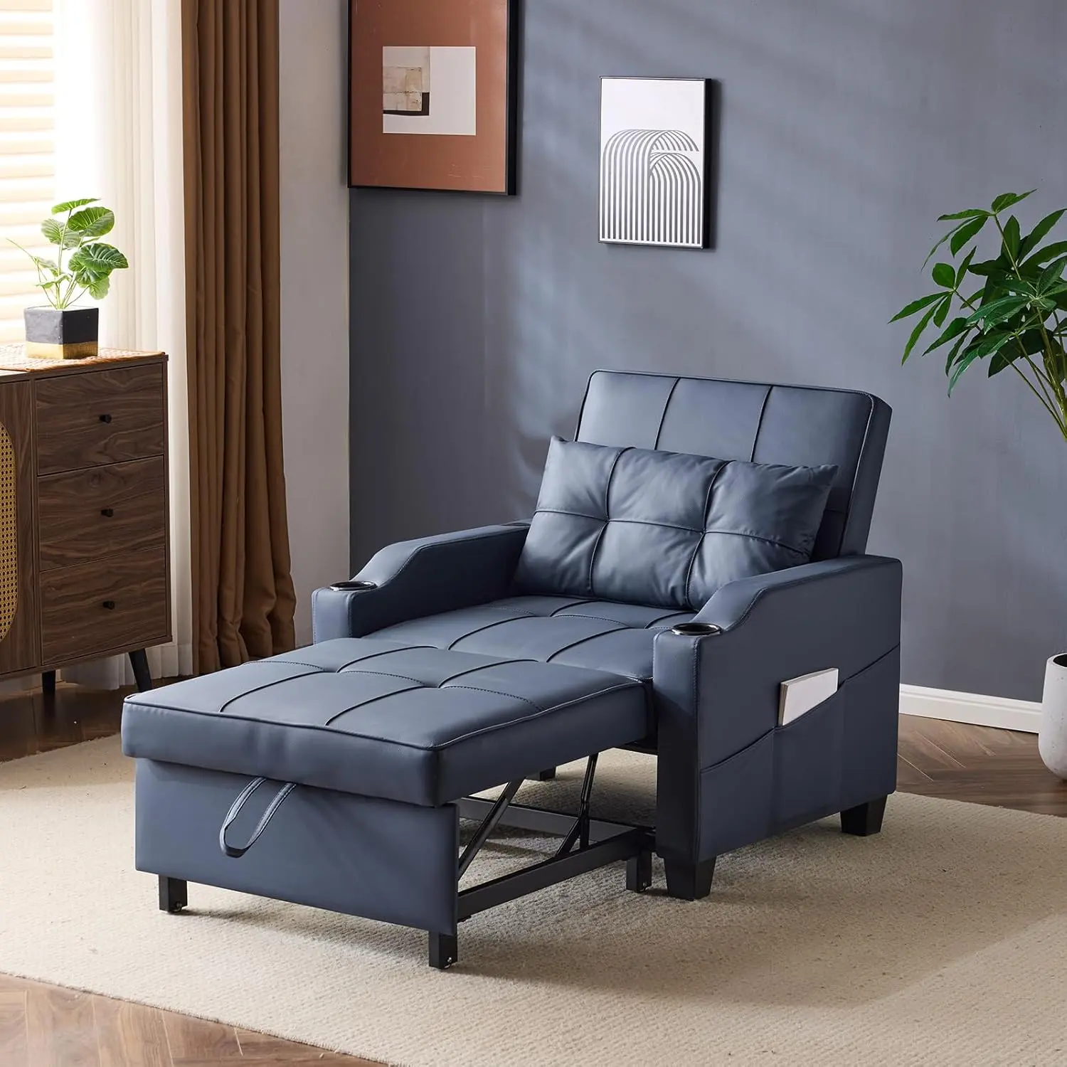 VINGLI Sleeper Chair 3-in-1 Convertible Sofa Bed Adjustable Recliner Sofa Modern Pull Out Couch Bed with 2 USB Ports 2 Cup Holders 2 Side Pockets for Living Room Bedroom Small Spaces