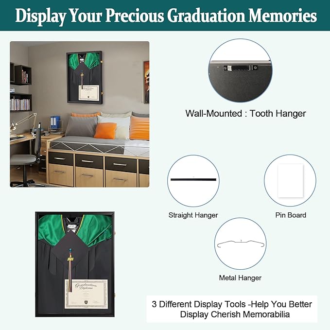 Large Graduation Shadow Box – Graduation Gown Display, Wall‑Mountable Lockable Graduation Display Frame with Acrylic Glass Door, Ideal for Graduation Keepsakes, Cap & Gown, Diplomas, Large Black