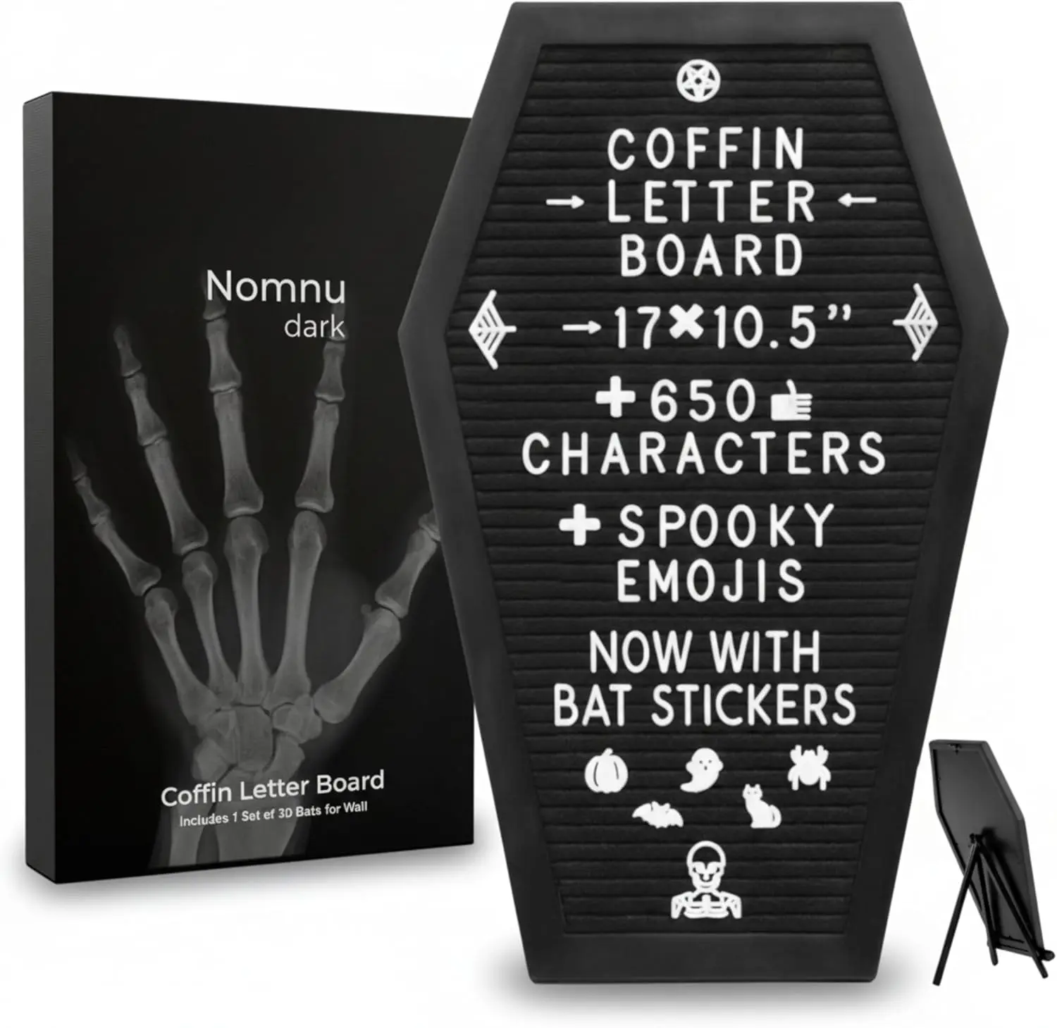 Black Gothic Coffin Letter Board Set, 17x10.5in Wood & Felt Halloween Decor with Bat Stickers, 80+ Spooky Seasonal Emojis, 650 Characters, Sawtooth Wall Hanger & Tabletop Stand, Ideal Halloween Gift for Song Displays, Signs, Hanging