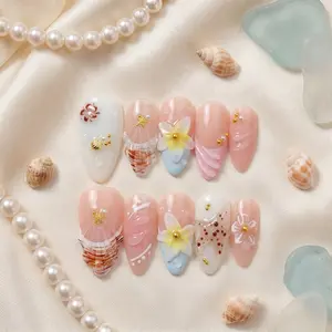 Island Vacation Style 3D Wearable Nails, Floral Star Shell 3D Nail Art, Whitening Almond Shape, Reusable False Nail Tips, Flower Design Nails