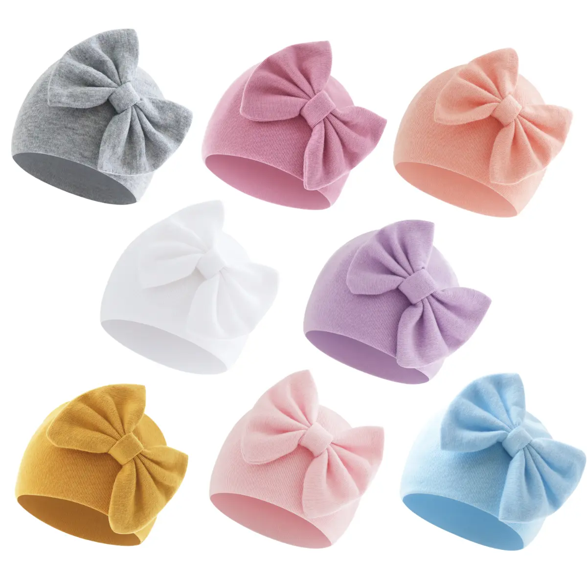 8PCS Baby Girl Cotton Beanies with Bow, Ultra Soft Stretchy Infant Hats for Newborn to 24 Months, Lightweight Comfortable Caps for Everyday Use