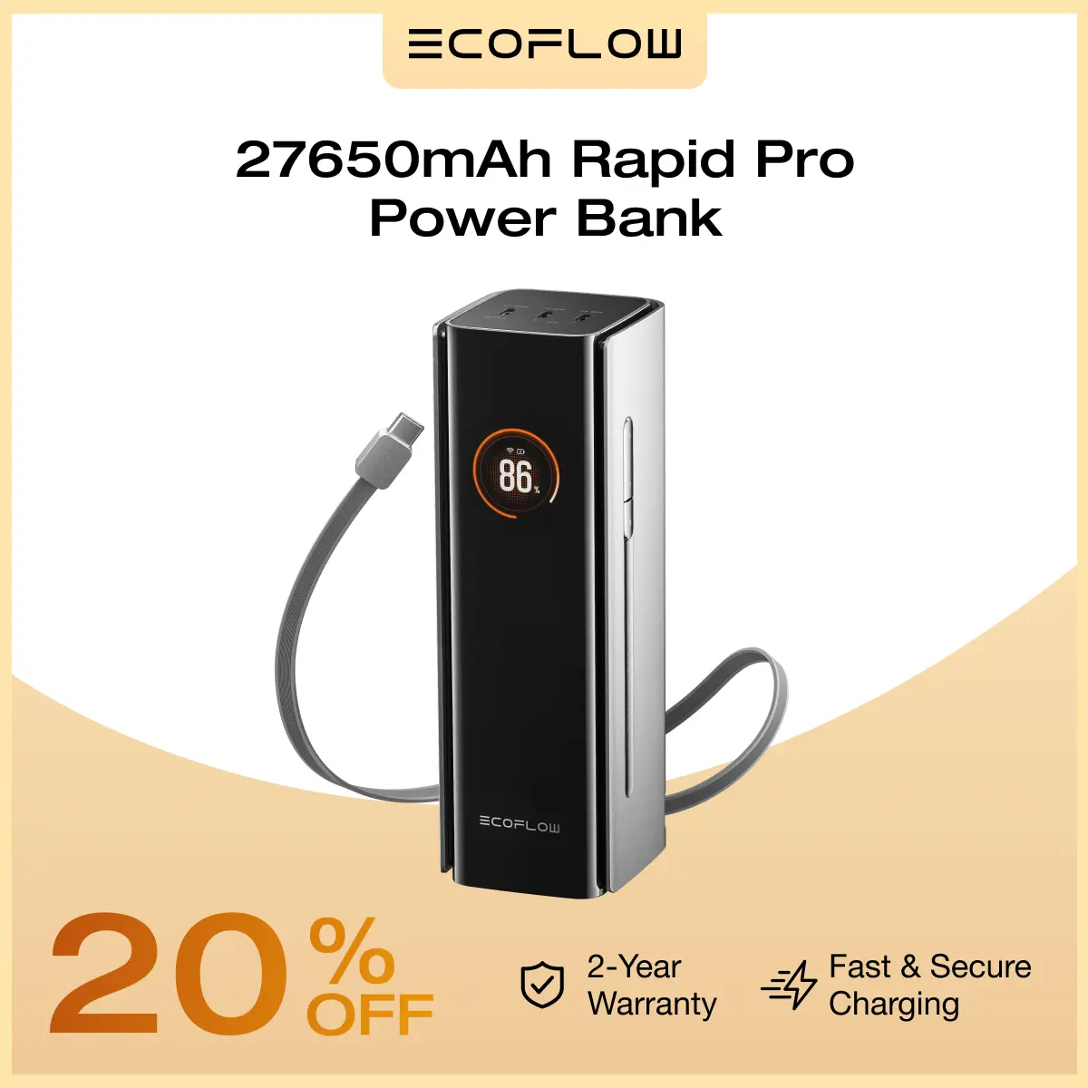 ECOFLOW Rapid Pro Power Bank (27650mAh, 300W Max Output, 140W Built-in  Cable), 4-Port Portable Charger, TSA-Approved, Up to 320W Recharge,  Compatible with MacBook, iPhone 17/16/15, Galaxy, Laptop - TikTok Shop