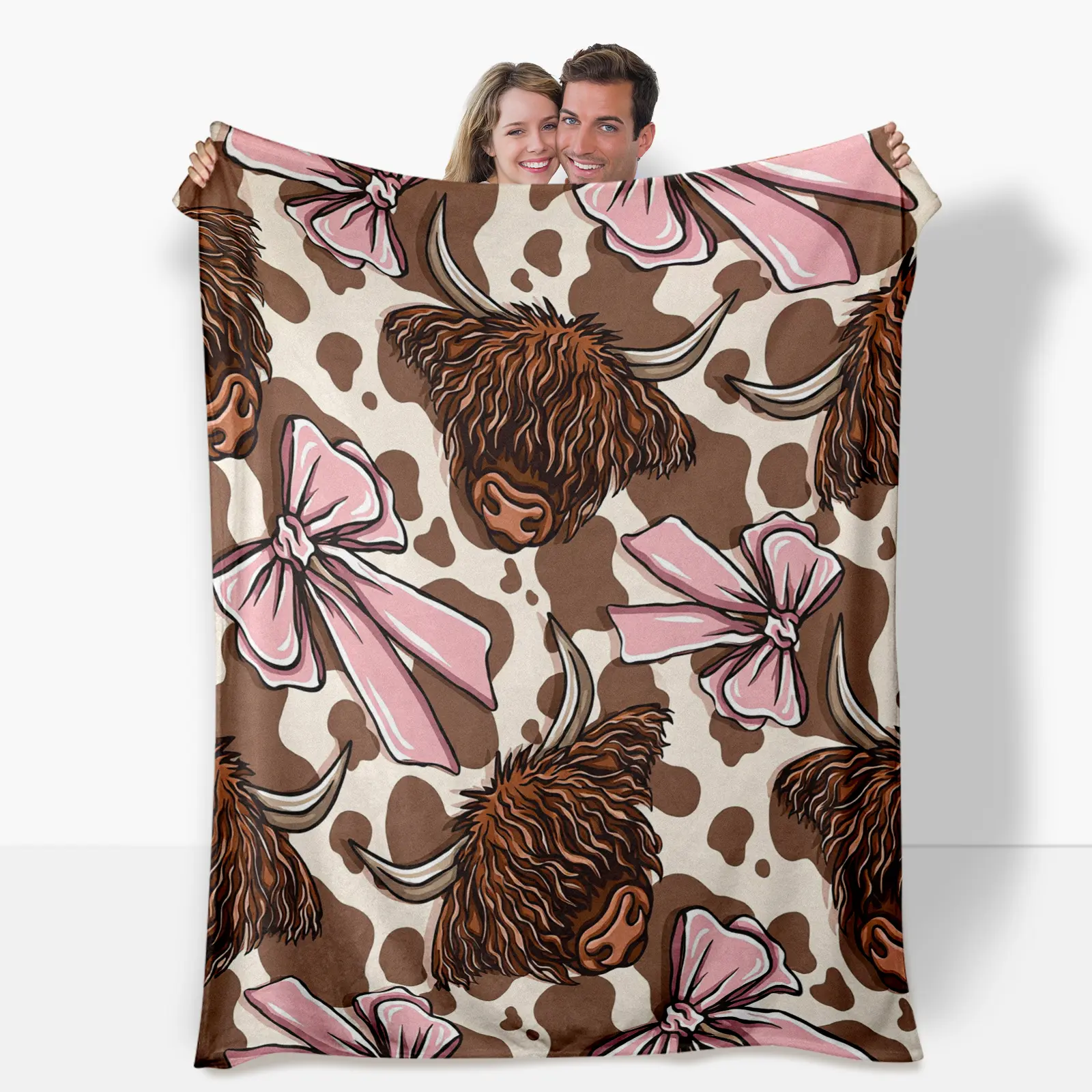Cow Print Tufted Flannel Weave Blanket - Highland Cow with Pink Bow Tie, Anti-Pilling, Breathable, Durable, Multi-Size, Soft Warm All-Season Throw, Machine Washable for Office, Sofa, Camping, Modern Gift