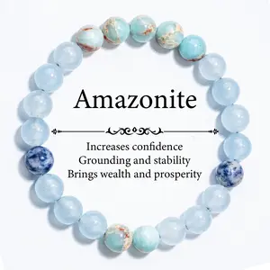 Amazonite & Lapis Lazuli Handcrafted Bead Bracelet - Good Luck & Wealth Crystal Jewelry Gift Lemon Jade