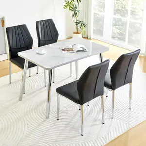 47" Dining Table Set with 4 Chairs, Modern Kitchen Table and Chairs Set of 4, Tempered Glass Marble Texture Top with MDF Base, Small Dining Set for Dining Room Apartment (Black,White+Silver)