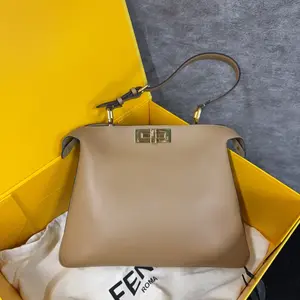 Pre-owned FENDI Calfskin Shoulder Bags Peekaboo Satchel Medium Cappuccino GIA0612