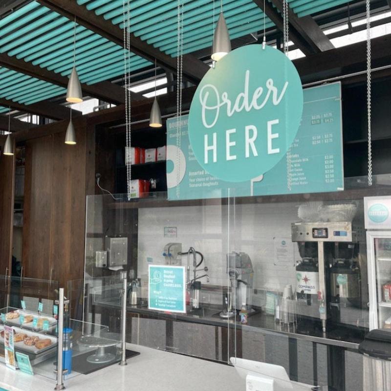 Order Here Pickup Here Sign | Semi Transparent Aqua Acrylic Cafe Decor | Custom Restaurant Bakery Ice Cream Food Truck Display | 12x12"