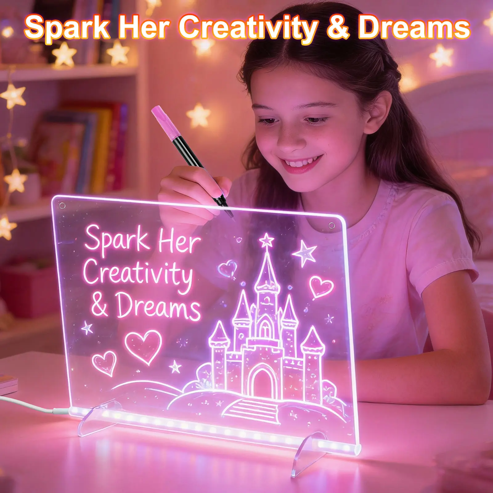 Neon Light Up Drawing Board with 8 Color Markers, Illuminated Glow Memo Board for Kids Learning, Birthday Gifts for 10–12 Girls