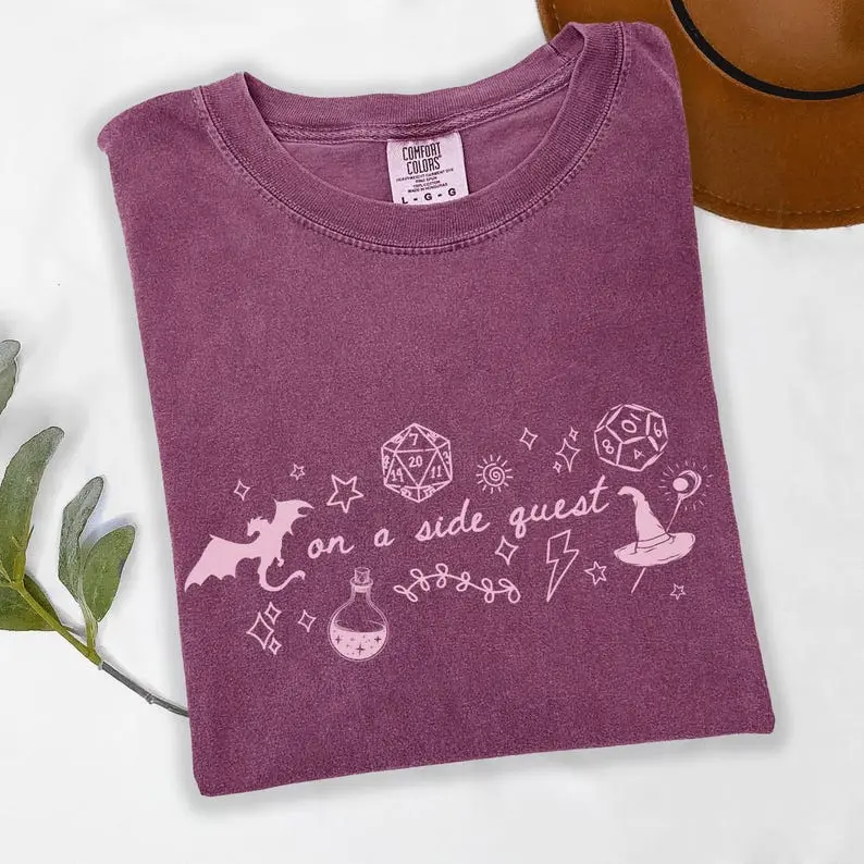Comfort Colors Side Quest Vintage T-shirt For Dnd Players Whimsical Cozy Gamer T-shirt DnD Tee For Women Fantasy Dragon Tee