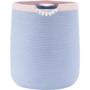 90L Large Blue Woven Rope Laundry Hamper Basket Boho Tall Rope Baskets for Clothes Blanket Baby Nursery Hamper for Girls Kids 17"Wide 22"Tall