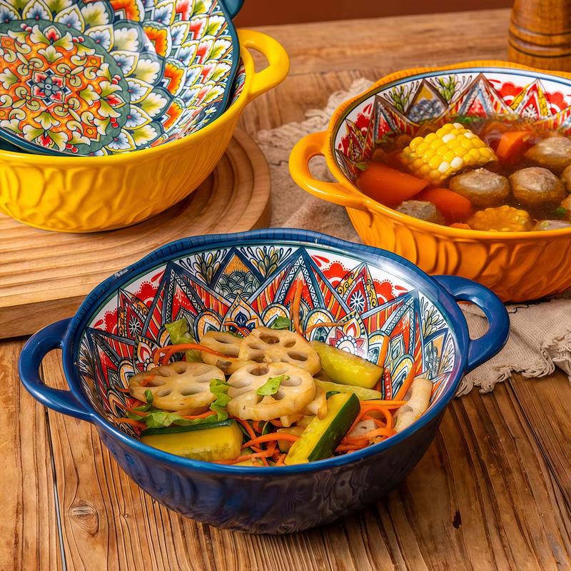 4 Piece Boho Ceramic Serving Bowls with Handles, 22 Oz Porcelain Salad Bowls, Large Serving Dishes for Entertaining, Mixing Bowls for Stew, Pasta, Cereal, Cute French Onion Soup  Bowls Set