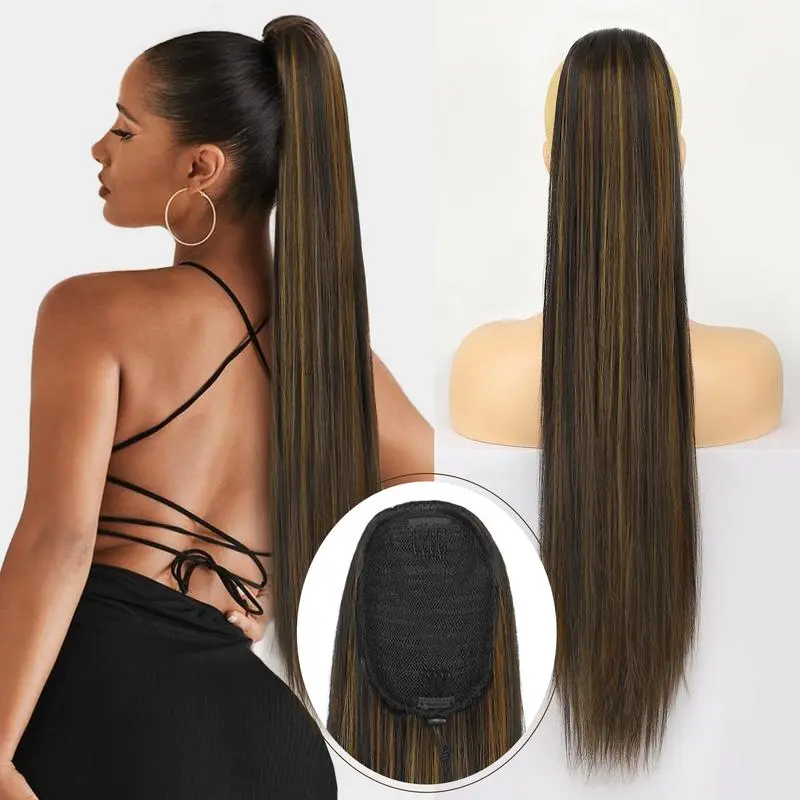 AISI HAIR 30in Drawstring Ponytail Extension - Long Straight Heat-Resistant Synthetic Hairpiece with Ample Volume, Clip-In Fake Pony for Ponytail Hairstyles, Synthetic Hair Pieces for Women
