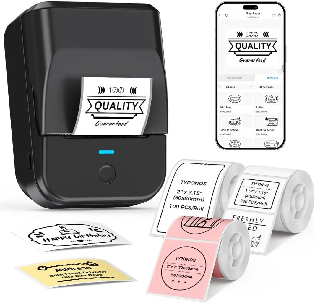 Bluetooth Thermal Label Maker with 3 Tapes, Portable 2-Inch Label Printer for Home, Office, School, Small Business and Address Labels