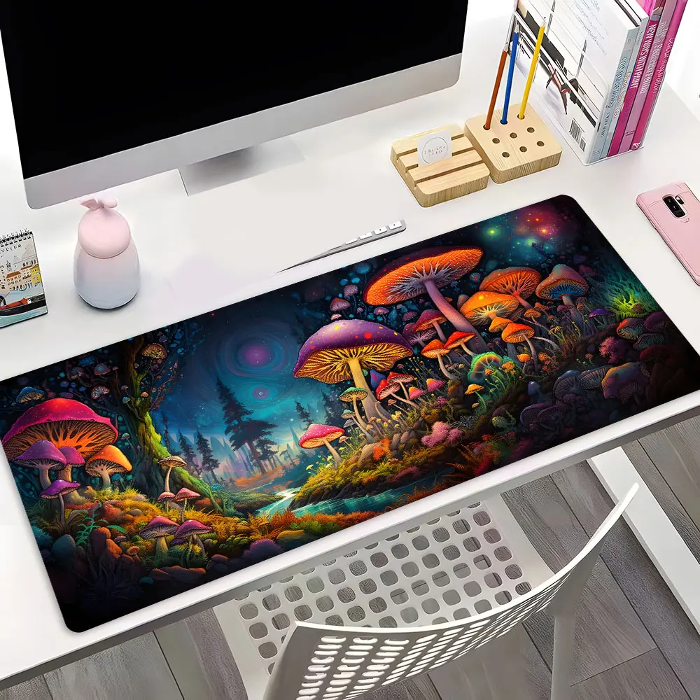 Neon Mushroom Fantasy Forest Design Large Gaming Mouse Pad, Mousepad Gaming, Washable Office Desk pad Non-Slip Rubber Base Stitched Edge For Desk, Laptop, Home Office Game Gift For Friends Family Gaming Enthusiasts