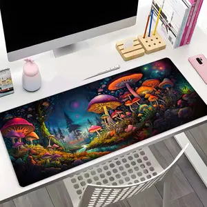 Neon Mushroom Fantasy Forest Design Large Gaming Mouse Pad, Washable Aesthetic Office Desk pad Desk Accessories Non-Slip Rubber Base Stitched Edge Best For Desk Laptop For Home Office Game Gift For Friends Family Boyfriend/Girlfriend Gaming Enthusiasts