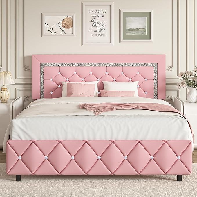 HOMBCK Diamond Bed Frame, No Mattress, Comfortable and Adjustable Headboard, Modern style, Princess Bed, No Box Spring Required HOMBCK Diamond Bed Frame, No Mattress, Comfortable and Adjustable Headboard, Modern style, Princess Bed, No Box Spring Required