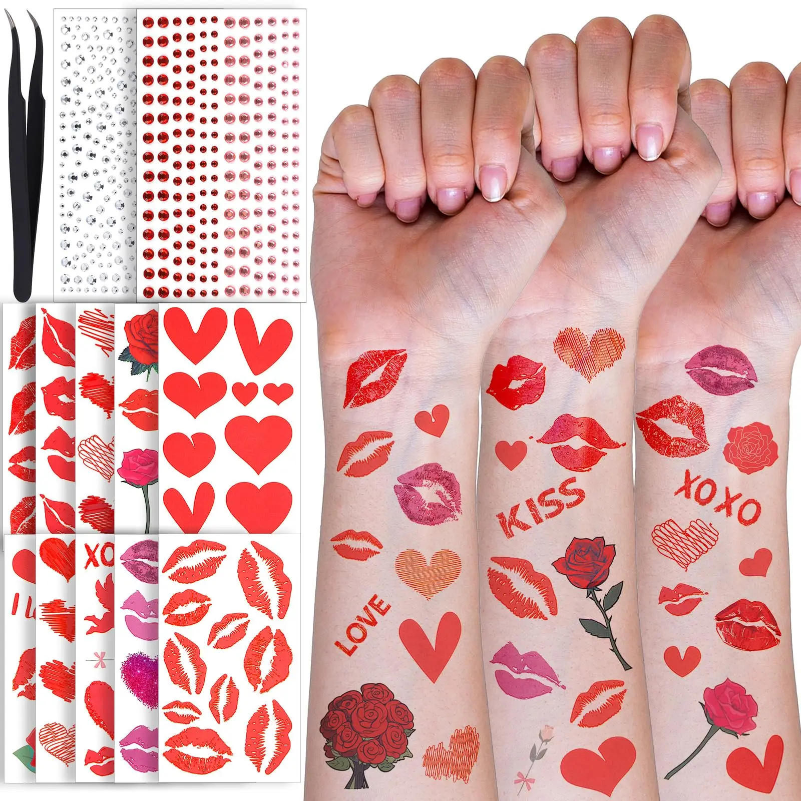 Kiss Tattoos Temporary Set, Red Lip Tattoo Stickers & Face Gems for Valentines Makeup, 10 Sheets Lipstick Kiss Temporary Tattoo, Heart Fake Tattoos, Hair Gems, Body, Face Rhinestones for Women