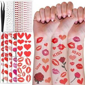 Kiss Tattoos Temporary Set, Red Lip Tattoo Stickers & Face Gems for Valentines Makeup, 10 Sheets Lipstick Kiss Temporary Tattoo, Heart Fake Tattoos, Hair Gems, Body, Face Rhinestones for Women