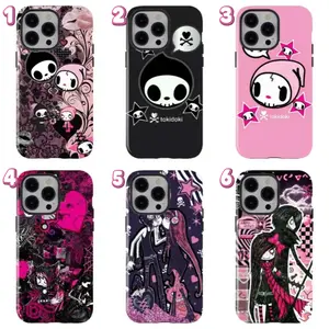 Tokidoki Adios & Ciao Ciao Skull Couple Phone Case, Y2K Dark and Sweet Pink and Black Style, Shockproof Cover, Trendy Brand Fan Gift for iPhone 16/15/14/13/12/11/17 ProMax Plus for Samsung phones, suitable for both men and women, Perfect Gift for her