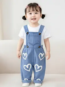 Baby Girl Heart Print Denim Overalls, Spring Summer Fall Casual Workwear Pants, Fashionable Jeans Bibs, Comfortable and Stylish, Baby Girl Clothes