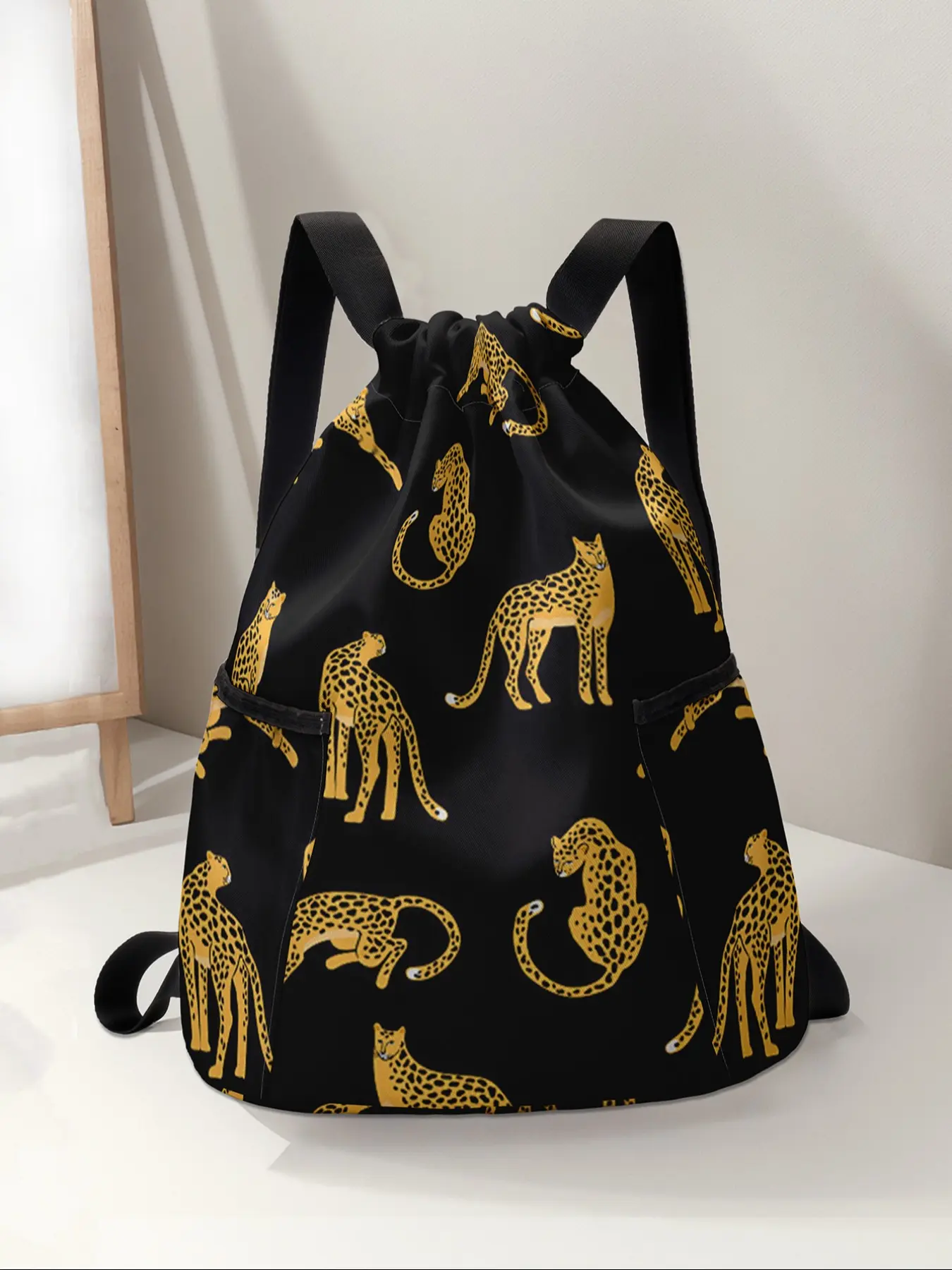 Cheetah Print Drawstring Backpack, Large Capacity Durable Fitness Bag, Adjustable Shoulder Straps, Unisex Sports Beach Travel Hiking Camping