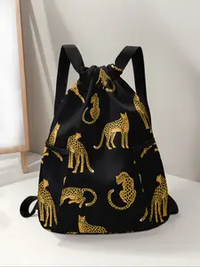 Cheetah Print Drawstring Backpack, Large Capacity Durable Fitness Bag, Adjustable Shoulder Straps, Unisex Sports Beach Travel Hiking Camping