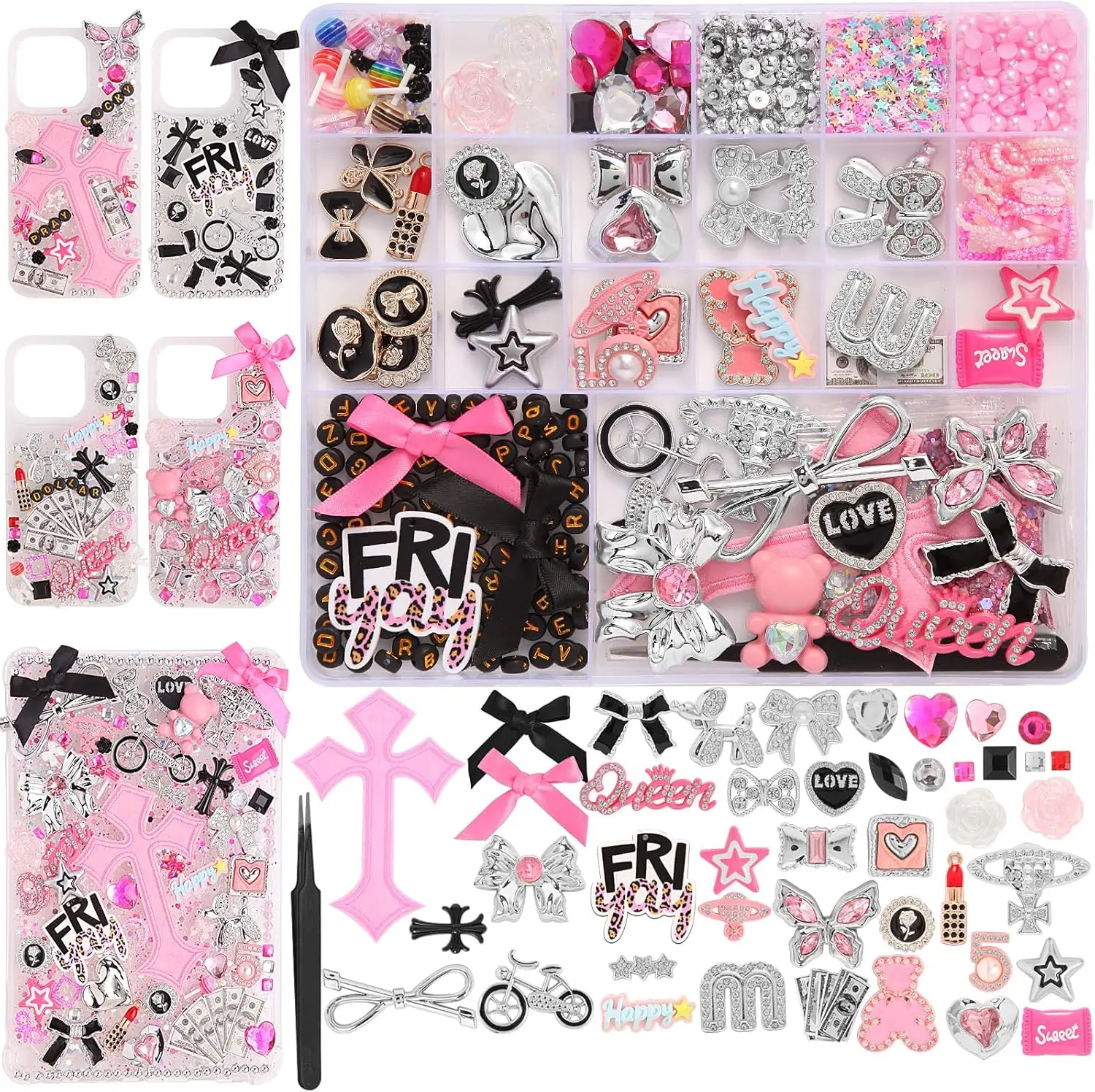 2380-Count DIY Phone Case Charms Kit with Synthetic Beads, Cute Bow, Flatback, Love, Candy, Letter Beads & Aesthetic Big Decor Accessories for Customization, Beading Projects