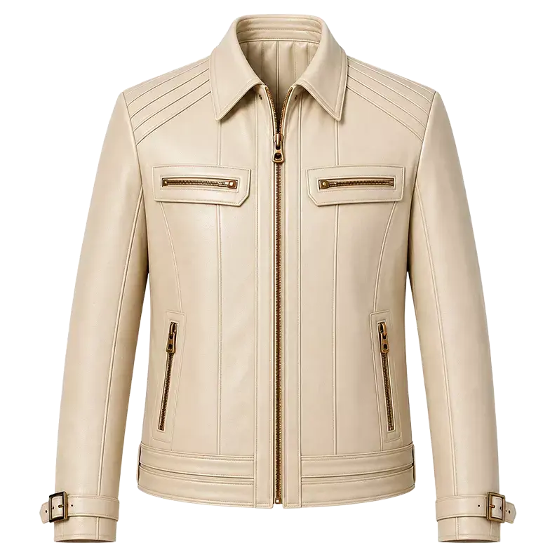 Men’s Ivory Leather Moto Jacket | Cream Zip-Up Biker Jacket