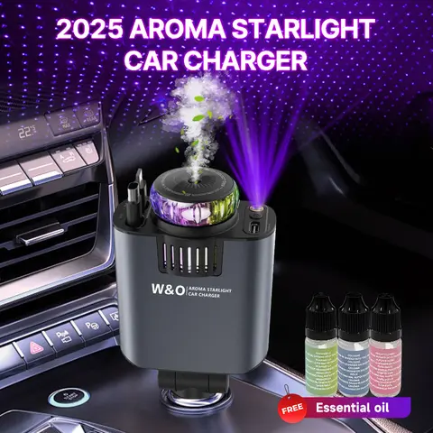W&O Compact Aromatic Starlight Cell Phone Charger - Retractable In-Car Roof Fast Charger with Lightning Cable, 2 USB Ports, Vehicle Power Adapter, Essential Oils & 6 Oil Gift (Red, for Cars)