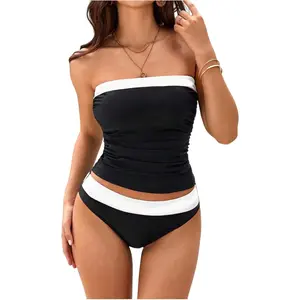 YOUNGDEER Tankini Swimsuit for Women, Bandeau Two Piece Bikini, Asymmetrical Slit Bowknot High Cut Cheeky Bathing Suit