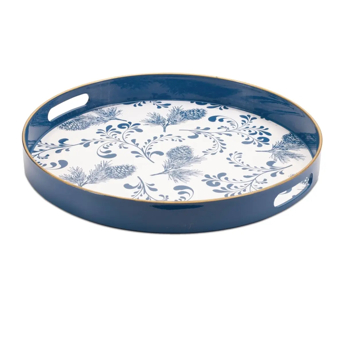 Melrose 94469DS Plastic Round Tray, 13.5 x 1.5 in, Blue & White, Elegant Seasonal Design with Pine Branch for Creating Holiday Centerpiece, Displaying Decorations