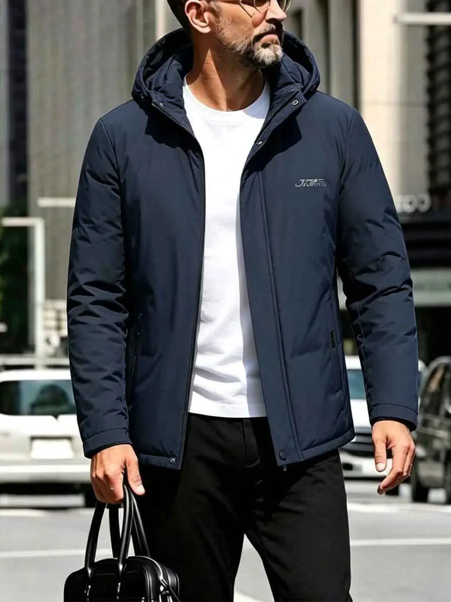 Men's Quiet Luxury Solid Navy Detachable Hood Quilted Business Puffer Jacket - Windproof, Thin, Warm, Minimal Winter Formal Outerwear with Embroidery, Sleeves for Old Money Office Layering, Shirts & Suit Compatibility, Slacks, Smooth, Fabric, Coats, Strai