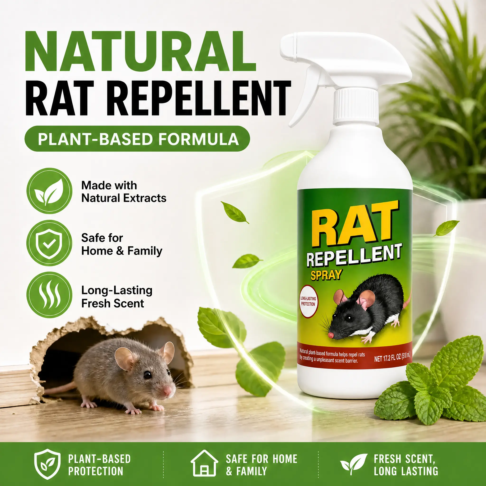 Natural Rat Repellent Spray - Plant-Based Scent Deterrent, Long-Lasting for Indoor, Outdoor Home Garage Use