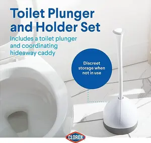 Clorox Toilet Plunger with Hideaway Storage Caddy, 6.5” x 6.5” x 19.5”, White/Gray