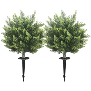 2-Pack Waterproof Decorative Round Artificial Cedar Topiary Set with Ground Stakes, Fake Sphere Cypress Plants for Outdoor Garden Home Decor