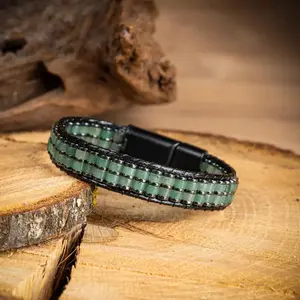 Double Green Aventurine Stainless Steel Bracelets Magnet Clasp Cuff Men Women Bangle 8inch Natural Stone Armband