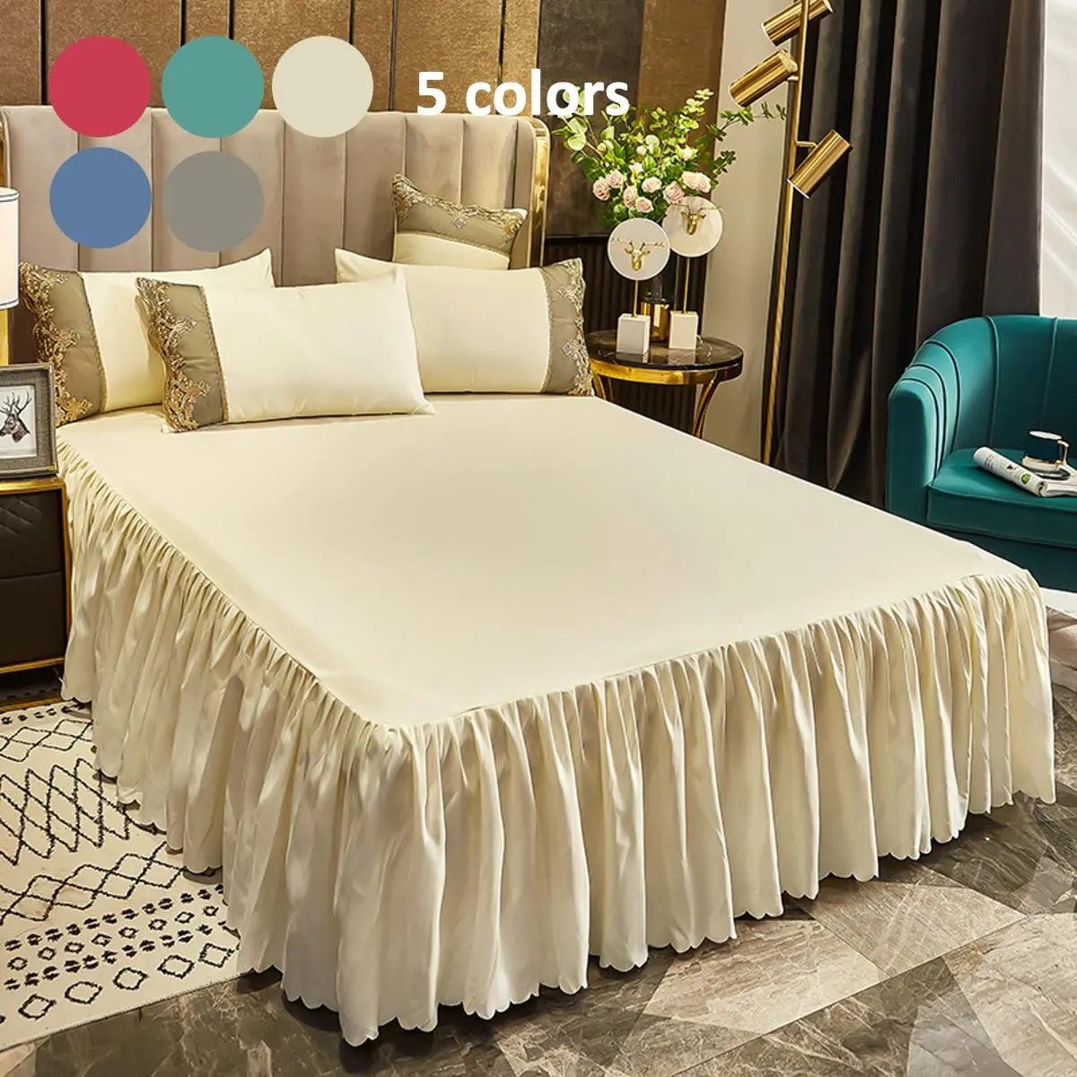 Solid Color Bed Skirt, 1 Set Adjustable Elastic Bed Cover, Creative Bed Skirts, Easy To Fit Wrinkle Resistant Luxury Fabric Bedding Supplies for Home Bedroom Hotel