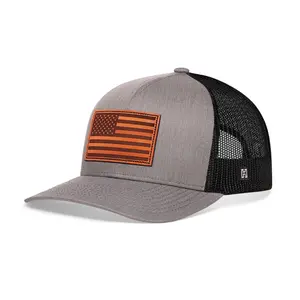 American Flag Trucker Hat Leather  |  Gray-Black USA Snapback