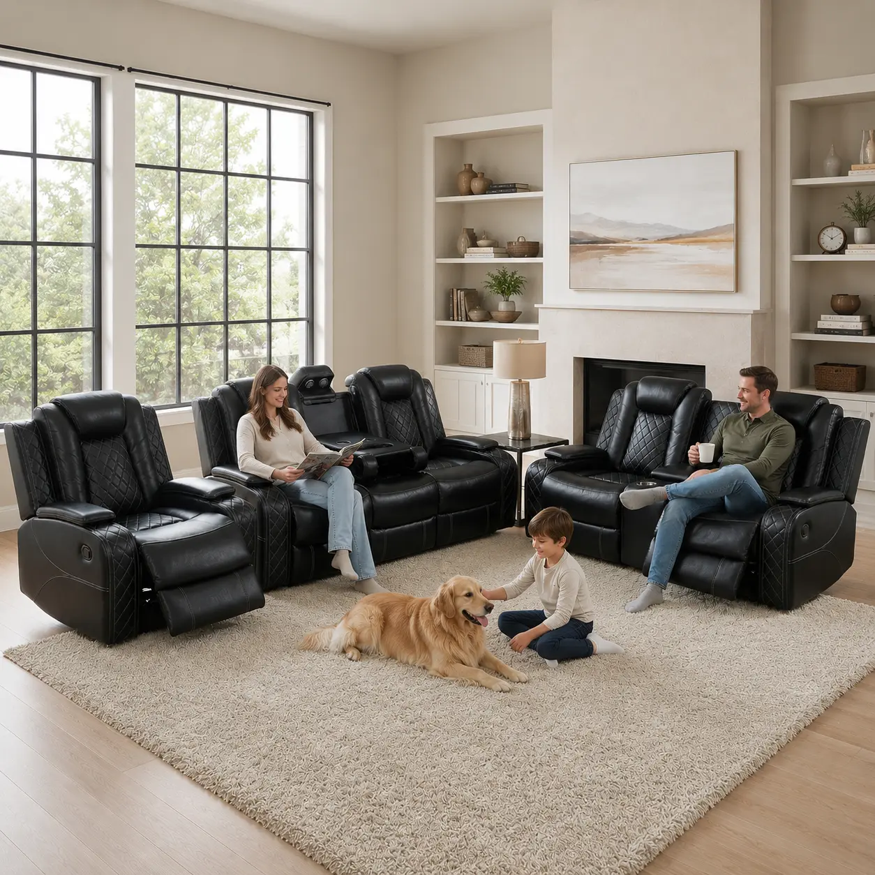 Leather Power Recliner Sofa Set - Indoor Furniture Set with LED Lights, Reading Lamps, Built-in USB Ports, Storage Console, Cup Holders for Relaxation