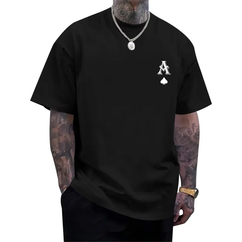 Men's Cotton Graphic Tee - Minimalist Ace of Spades Print, Oversized Fit, Round Neck Shortsleeve, Breathable Casual Streetwear Menswear Tops, Black Classic, Fabric, Mens Clothing, Men's Graphic Tees, Graphic Tees